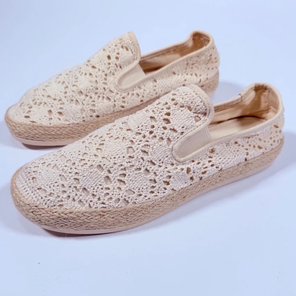Kensie Crochet Espadrille Slip On Sneakers Beige Boho Cottagecore  9.5 10 NEW